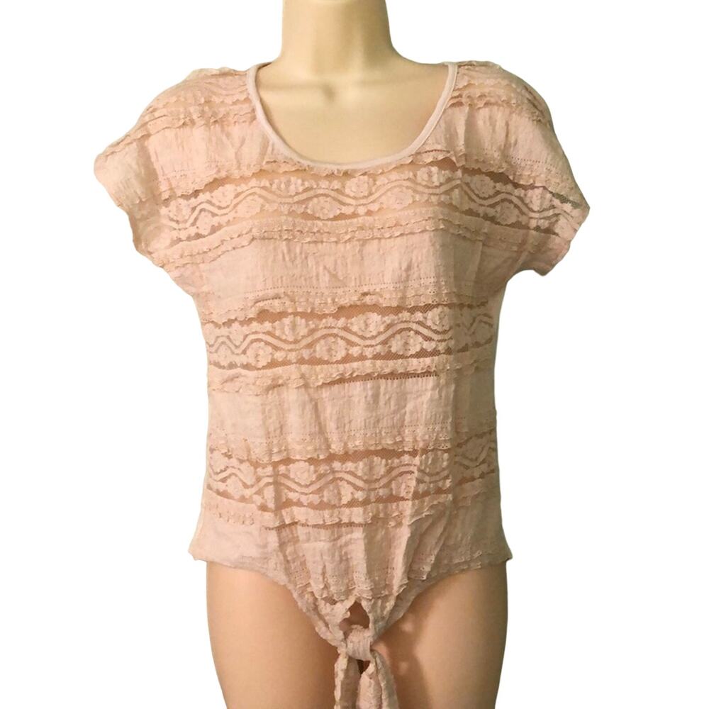 Wet Seal NWT Tan Ecru Lace Knit Top Tie Front Size Medium Y2K Vibe